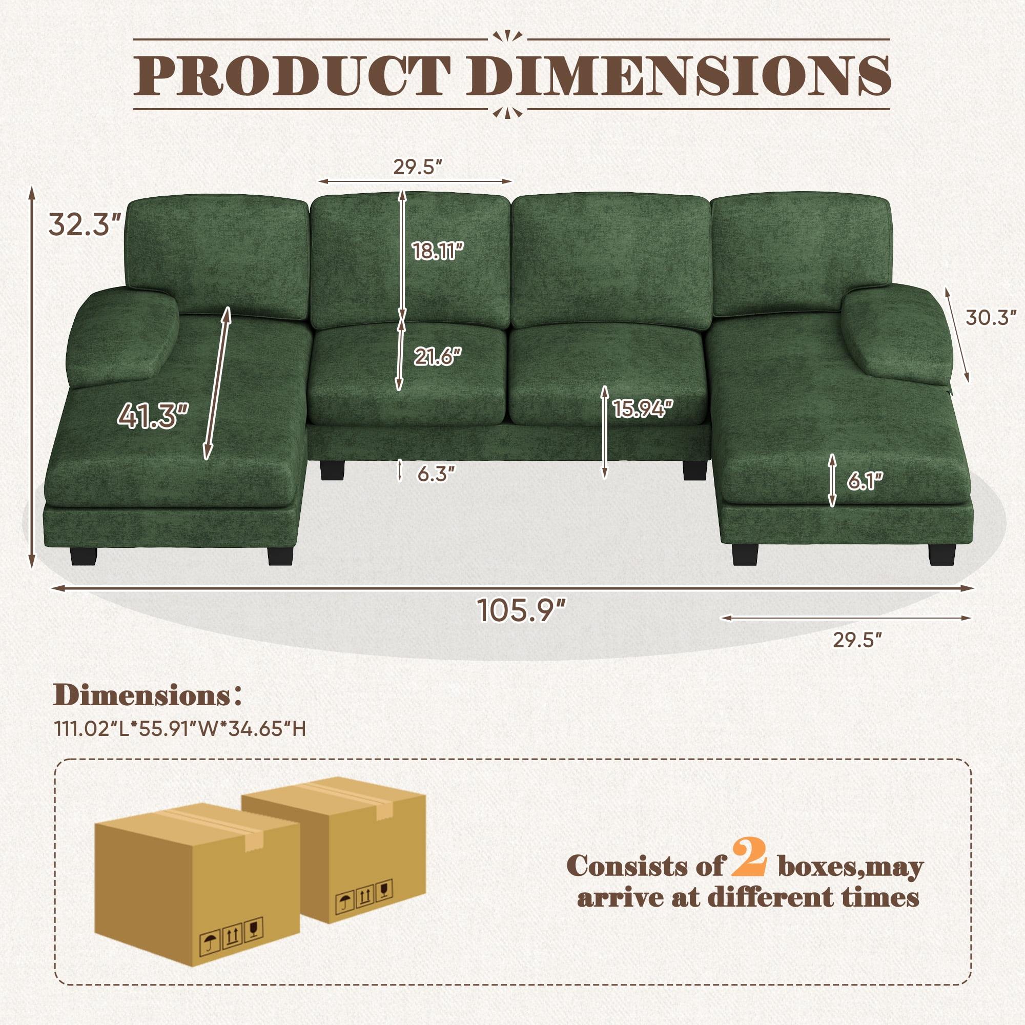 Homall U Shaped Sectional Sofa with Chenille Fabric Sofa Couch with Double Chaise for Apartments,Living Room, Chenille Green