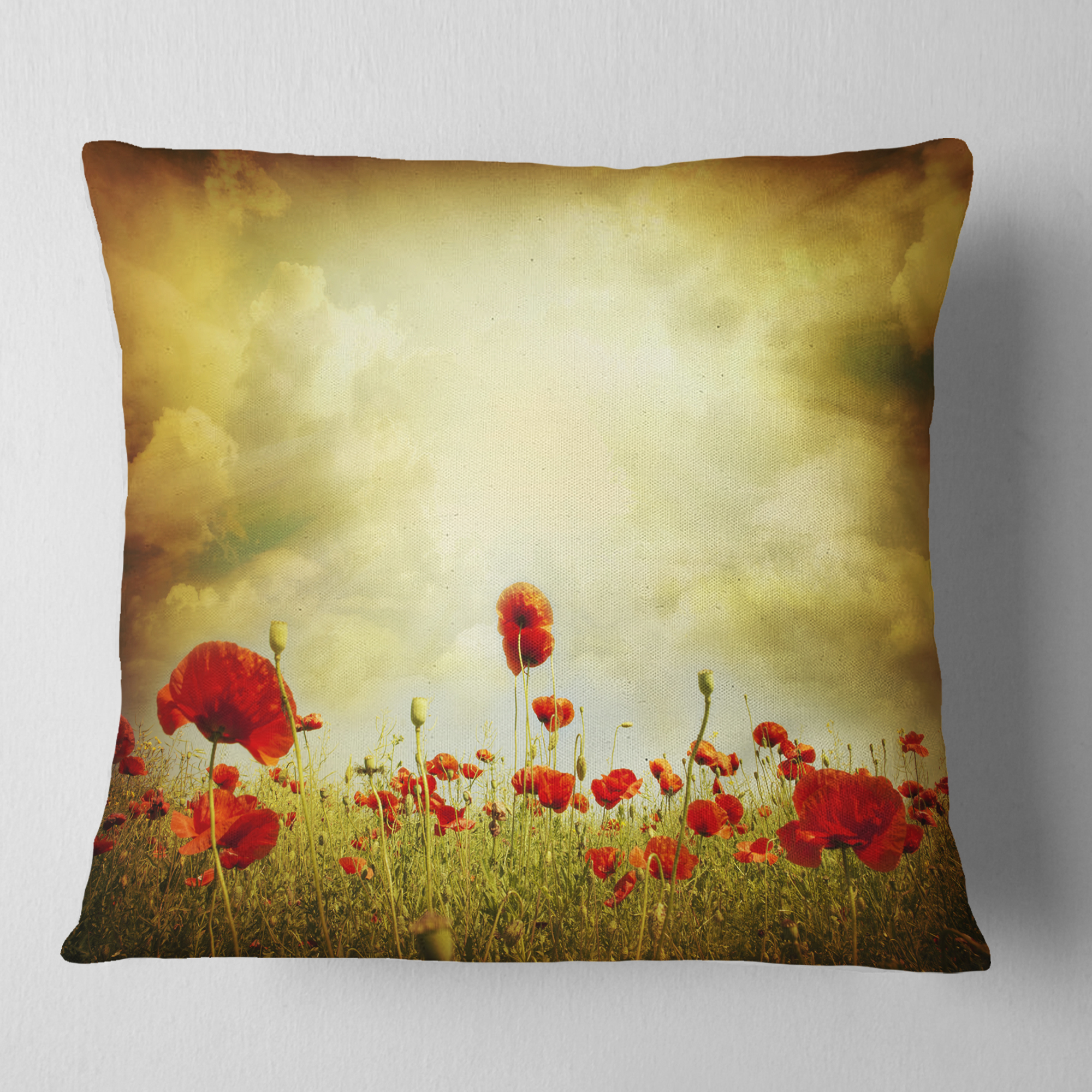 Designart Red Poppies on Grunge Background - Floral Throw Pillow - 16x16