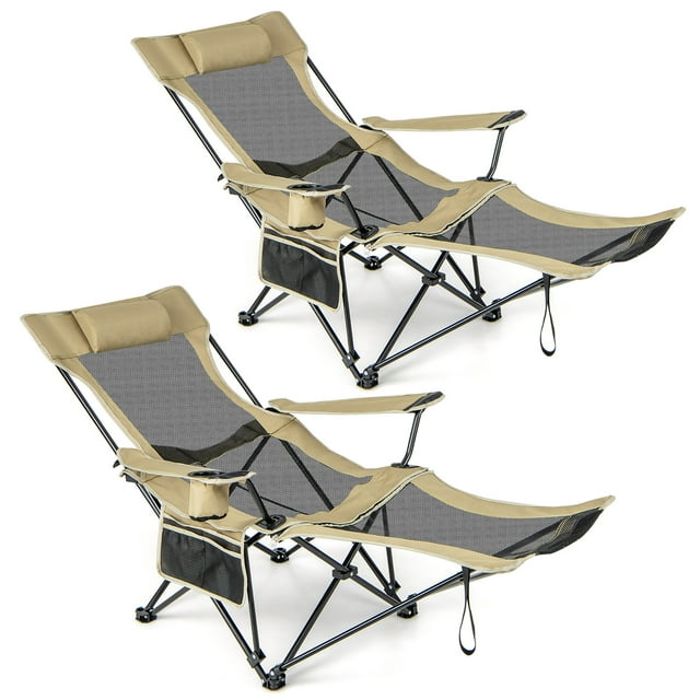 Gymax Chaise Longue de Camping Inclinable Réglable avec Repose-Pieds Amovible Kaki