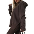 thumbnail image 2 of Women'S Stripe Lounge Set Drop Shoulder Oversized Fleece Hoodie Workout Leggings Two Piece Outfits Brown S, 2 of 10