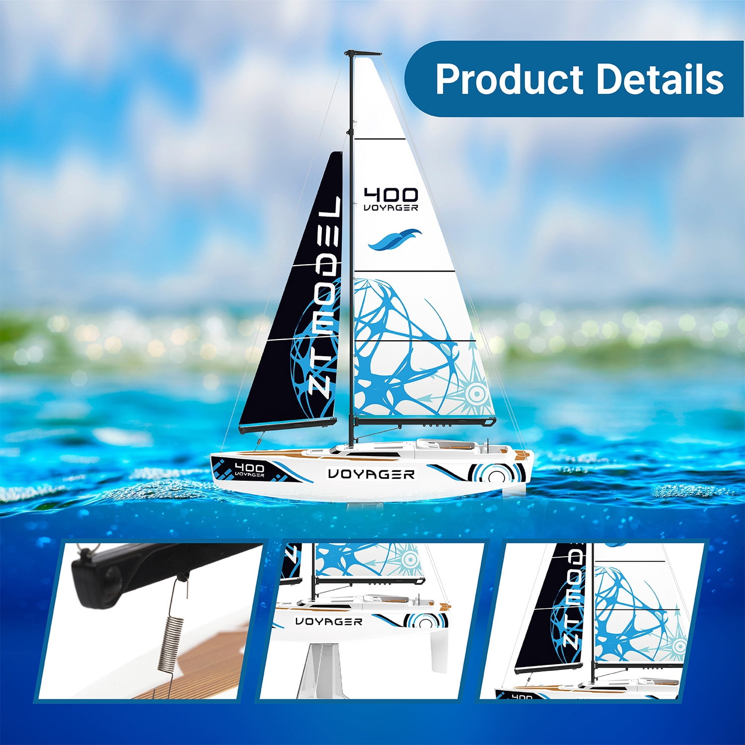 PLAYSTEAM Voyager 400 2.4GHz RC Sailboat, Wind-Powered Remote Control Model Boat, STEM Educational Water Toy with Adjustable Sail & Rudder for Pool & Lake, Blue