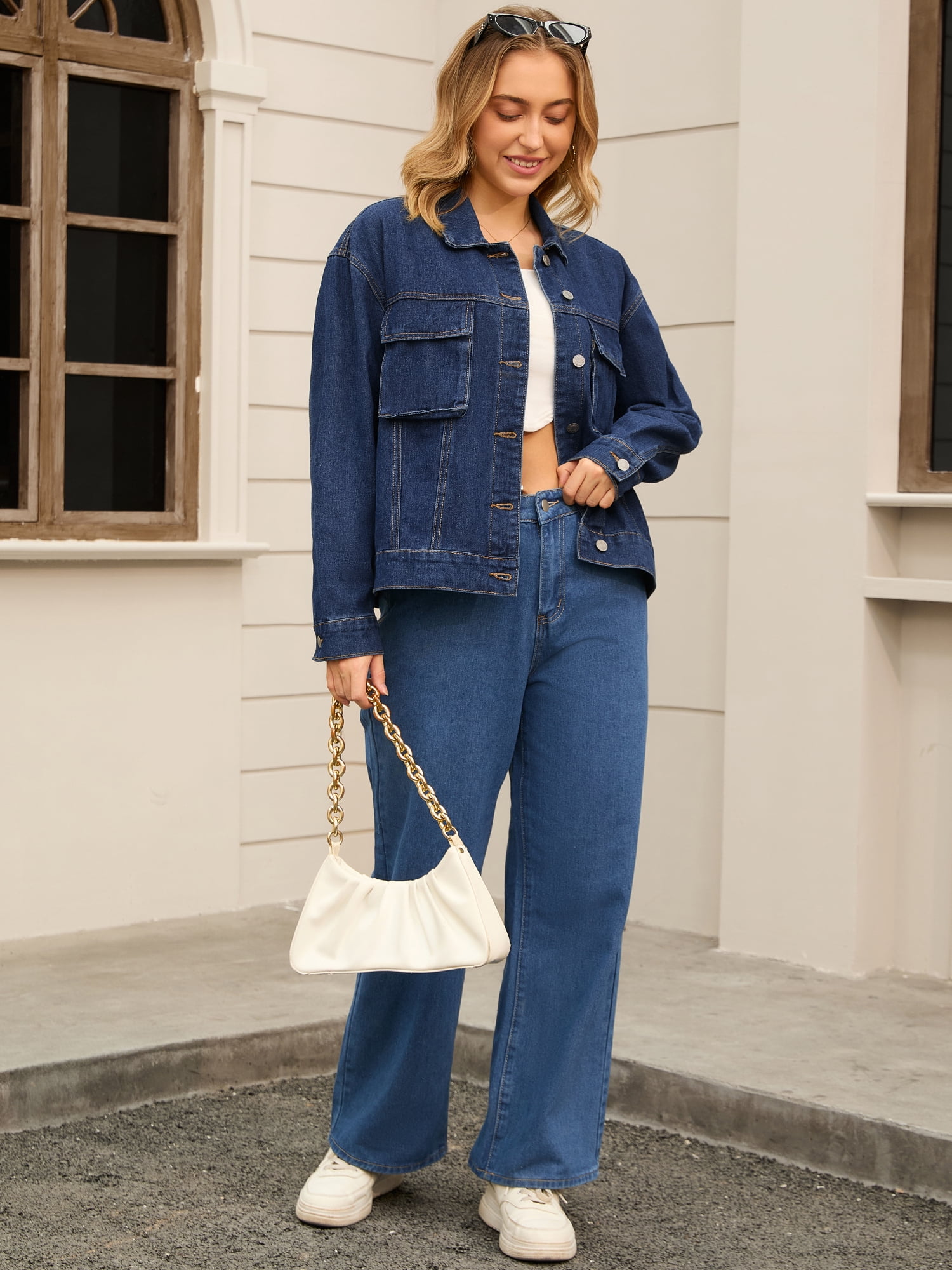 Unique Bargains Women's Button Down Cargo Pockets Denim Western Outfits M Dark Blue