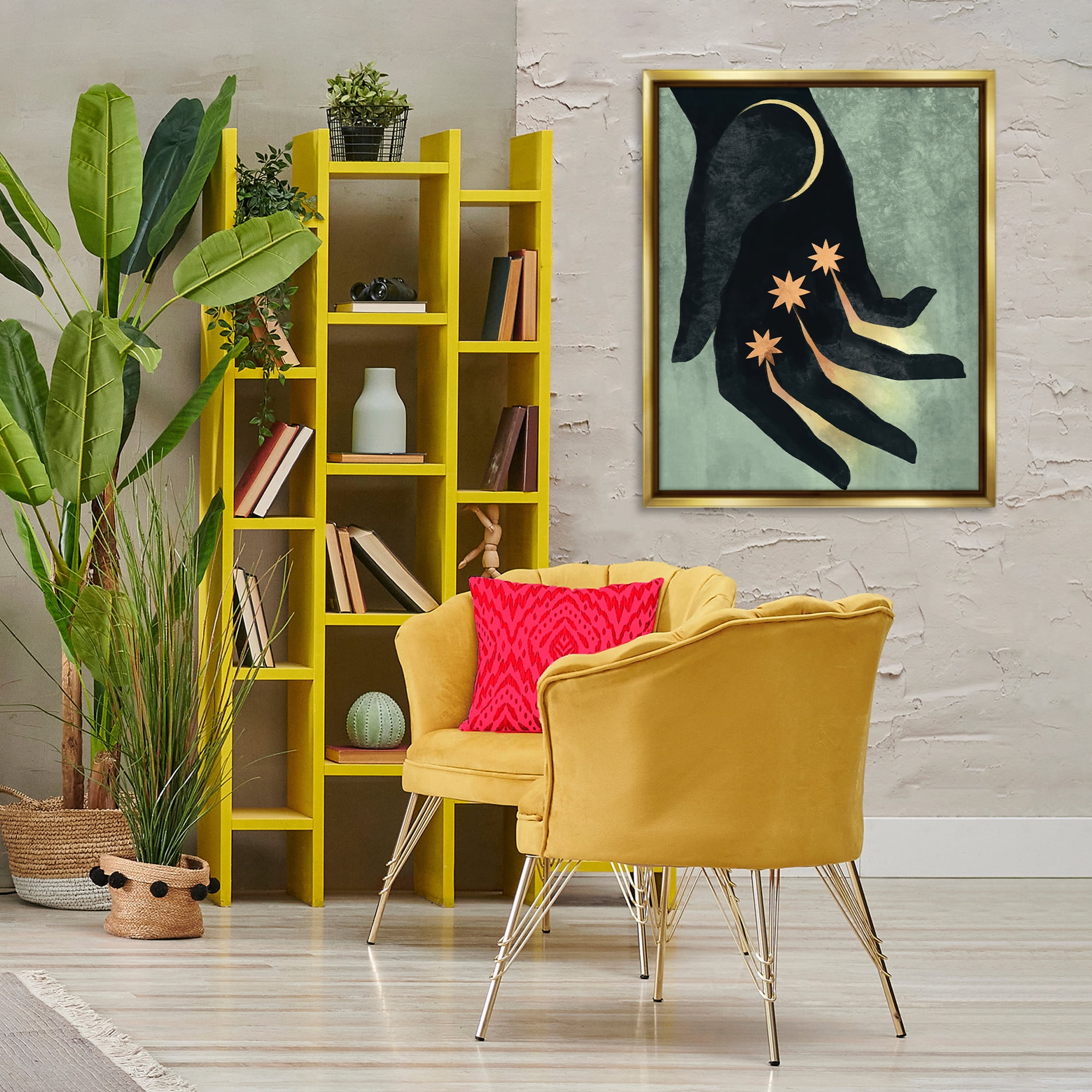 Stupell Industries Moon & Stars Hand Astrology & Stars Painting Gold Floater Framed Canvas Art Print Wall Art, 25 x 31