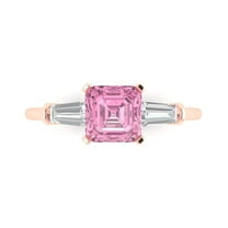 1.62 ct Square Emerald Cut Simulated Pink Diamond 3 Stone 18K Rose Gold Womens Engagement Ring