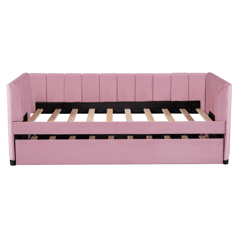 Aukfa Daybed with Trundle, Twin Size Upholstered Bed Frame, Velvet, Pink