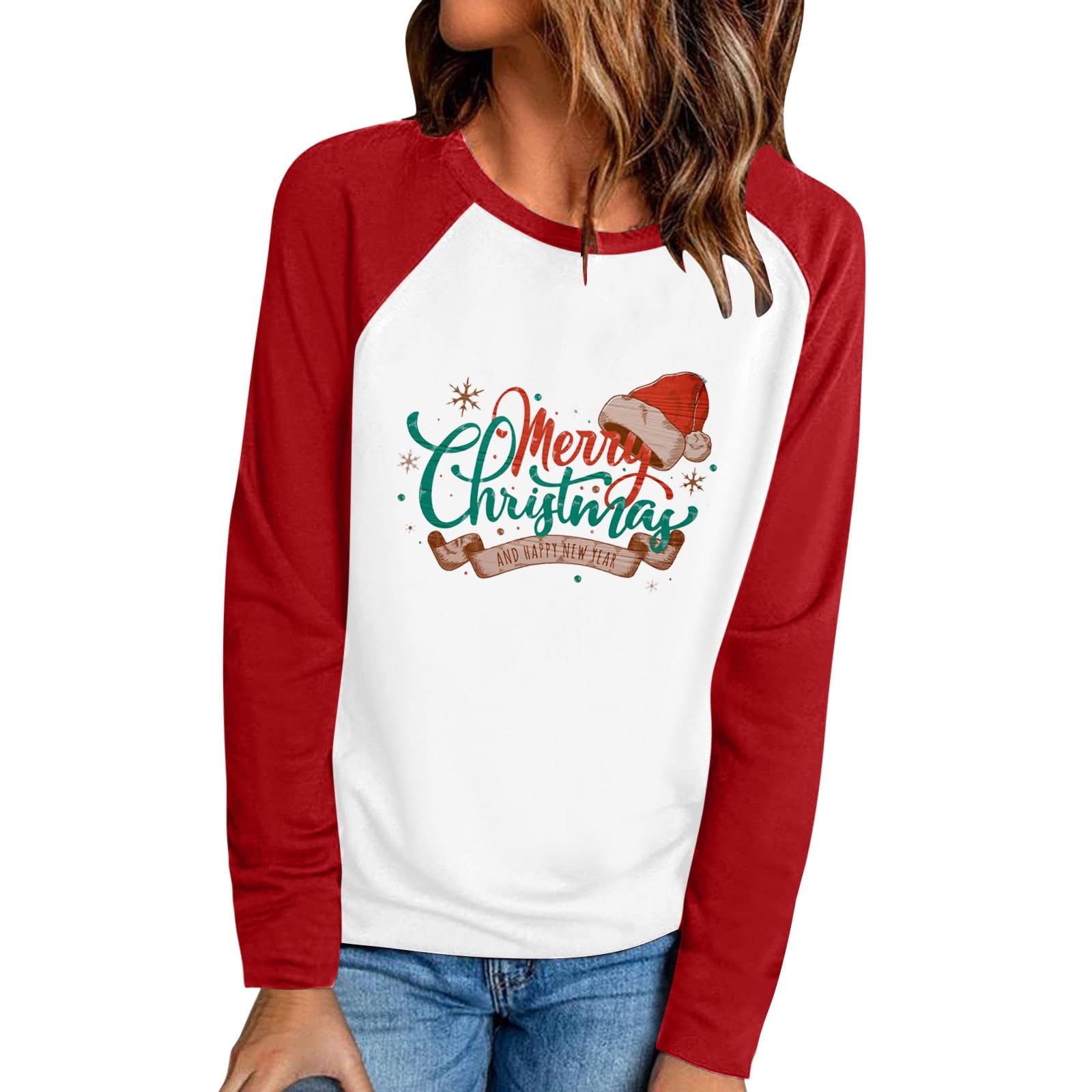 Merry Christmas Womens Casual Trendy Long Sleeve Shirts Cute Xmas Print Round Neck Lightweight Pullover Tunic Tops 