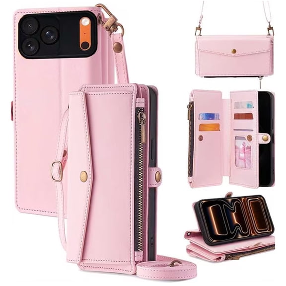 Crossbody Wallet Case, Leather Stand Phone Cover with Wrist Strap, Shoulder Strap and 5 Card Slots, Compatible with iPhone 17 16 15 14 13 12 11 Pro Max