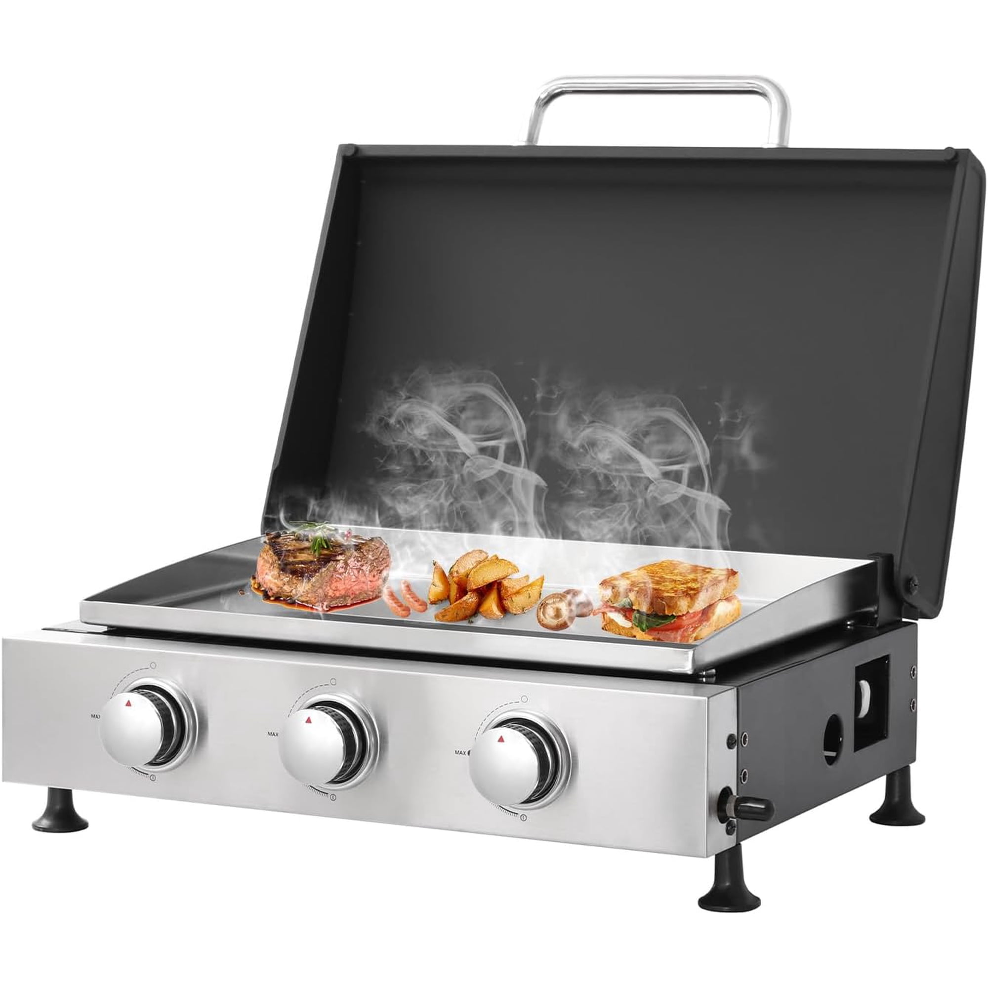26 inch Tabletop Griddle with Ceramic Coated Cast Iron Plate, 3 Burners Flat Top pan, 28650 BTU Portable Propane Gas BBQ Grill Teppanyaki for Kitchen Outdoor Cooking Barbecue Camping (Griddle)