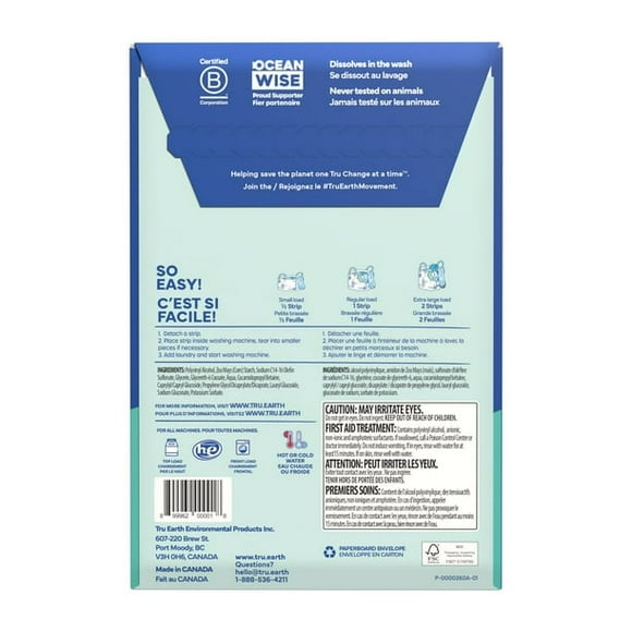 Tru Earth Feuilles de Détergent à Lessive - 32 Bandes - Sans Parfum