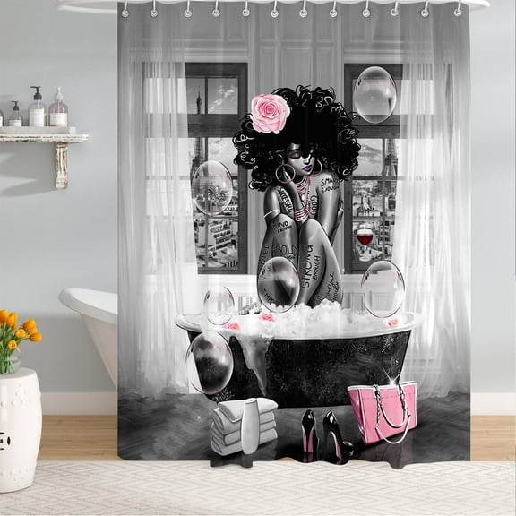 Black Girl Shower Curtain Modern Grey African American Fashion Bathroom Curtain Waterproof Polyester Fabric with Hooks-72"W x 86"L (Pack of 1)