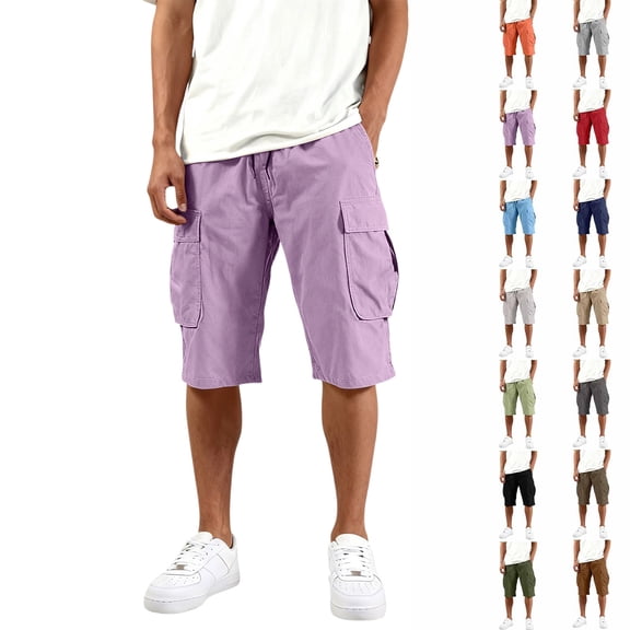 3/4 Cargo Capri Shorts for Men Lightweight Elastic Drawstring Waist Bottoms Multi Pocket Below Knee Outdoor Trousers, #01 Purple, XXL