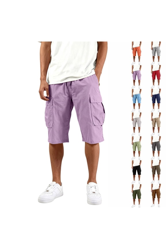 3/4 Cargo Capri Shorts for Men Lightweight Elastic Drawstring Waist Bottoms Multi Pocket Below Knee Outdoor Trousers, #01 Purple, XXL