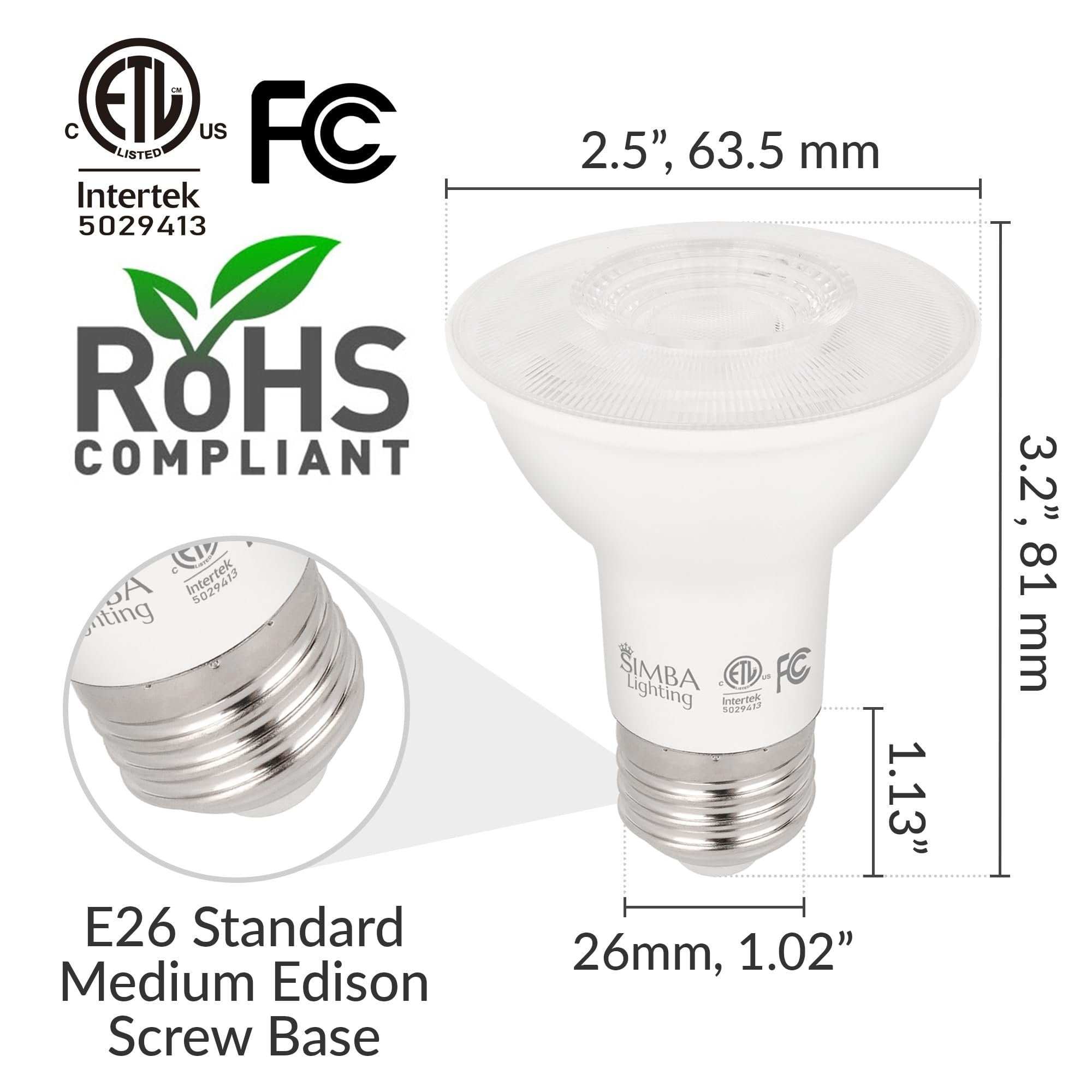 Simba Lighting LED PAR20 6W 38 Spotlight ETL Listed 40W 50W Replacement Bulbs 120V Dimmable E26 3000K Soft White 6-Pack