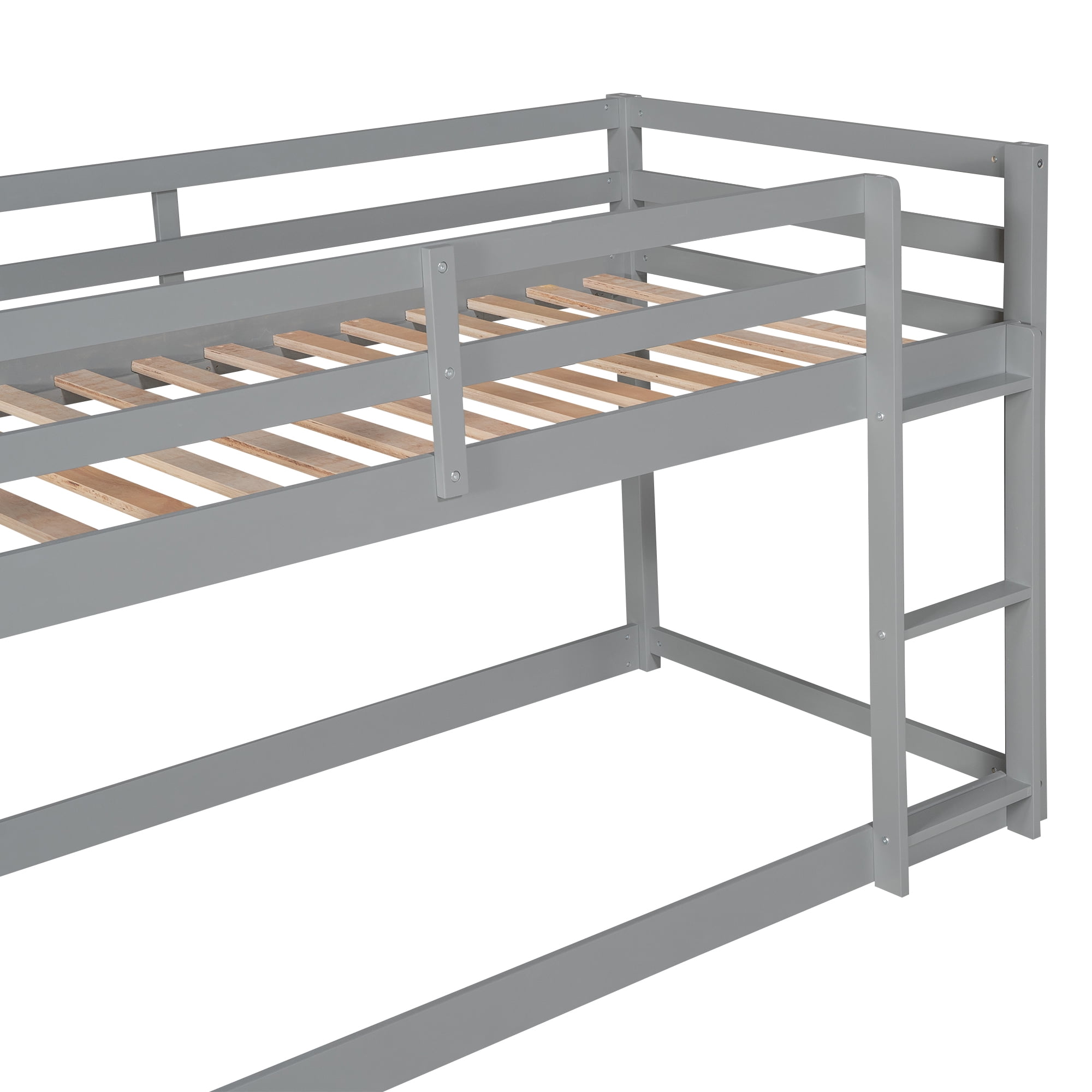 Euroco Twin over Twin Floor Bunk Beds with Ladder and Guardrail for Kids Teens, Gray