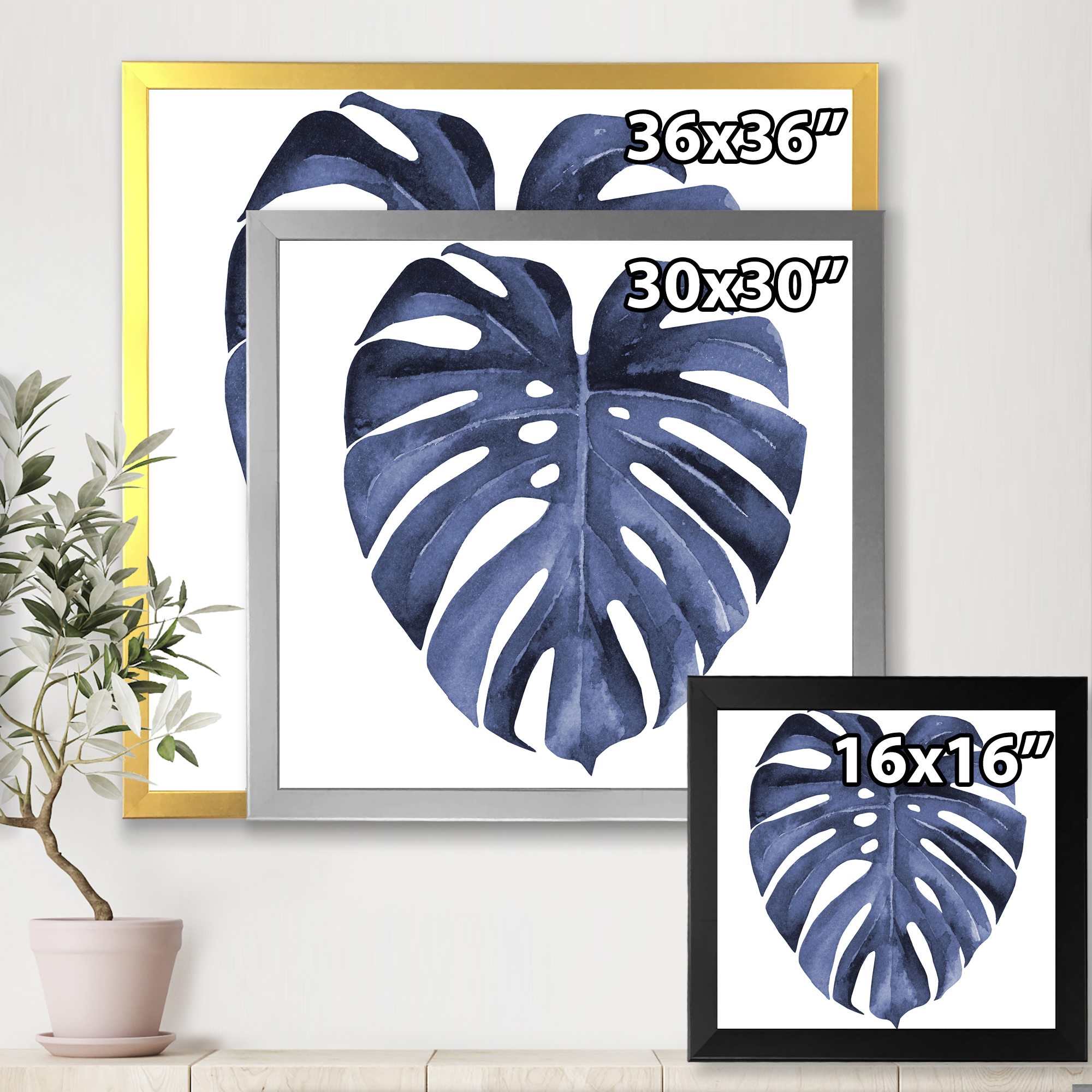 Designart 'Blue Watercolour Tropical Leaves III' Traditional Framed Art Print