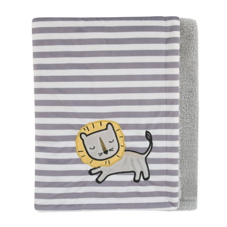 Little Love by NoJo Roarsome Lion - Grey, White Stripe Plush Baby Blanket with Yellow Lion Applique