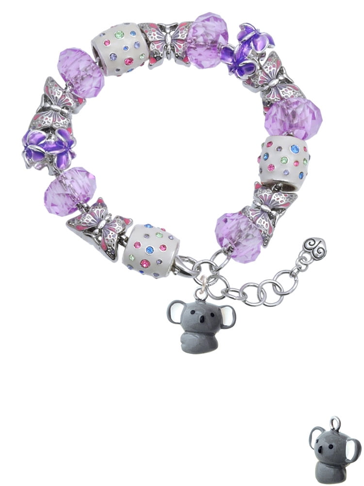 Delight Jewelry Resin Koala Bear Purple Butterfly Bead Charm Bracelet, 7"+1" Extender