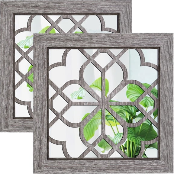 Boho Wall Mirror Decor, Set of 2 Rustic Farmhouse Accent Mirrors 12x12 Inch, Square Acrylic Shatterproof Vintage Style Mirror for Wall, Small Decorative Mirrors for Living Room, Bedroom, Brown