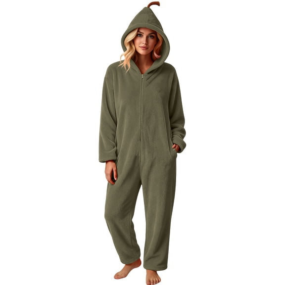 Xinsrenus Women's Cute Fleece Hooded Jumpsuit Loose Long Sleeve Warm Loungewear Fall Winter Casual Sleepwear