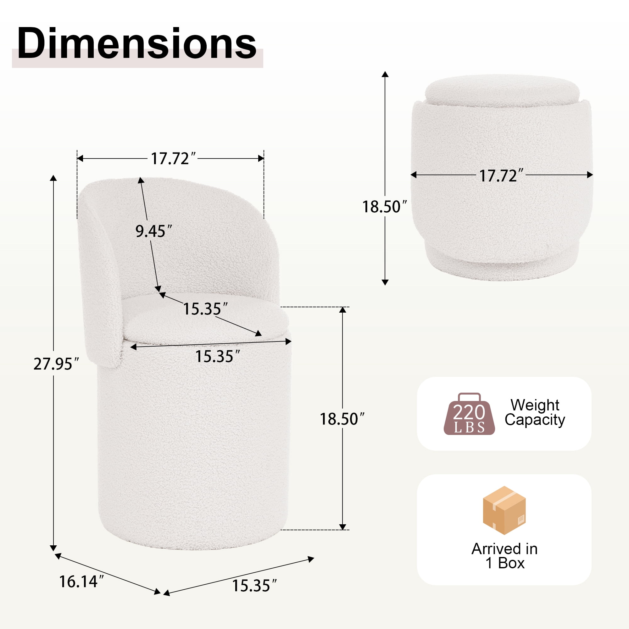GEEYOO Modern Round Vanity Storage Stool,Sherpa Upholstered Ottoman with Foldable Backrest and Removable Lid,Comfy Makeup Stool for Bedroom Living Room,Beige