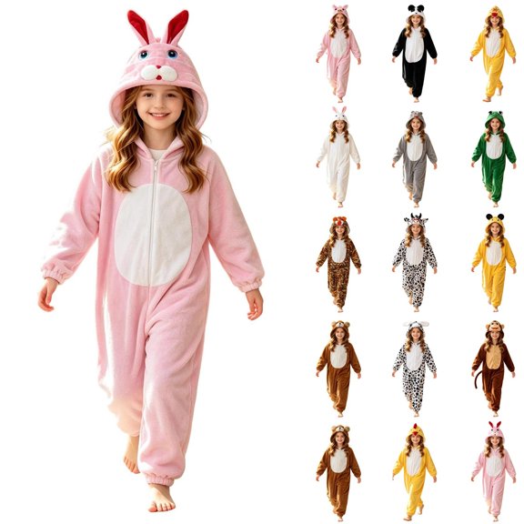 JAJAHO Girls Animal Onesie Pajamas, Kids Flannel Halloween Homewear, Plush Fuzzy One-Piece Sleepwear For 3-12 Years