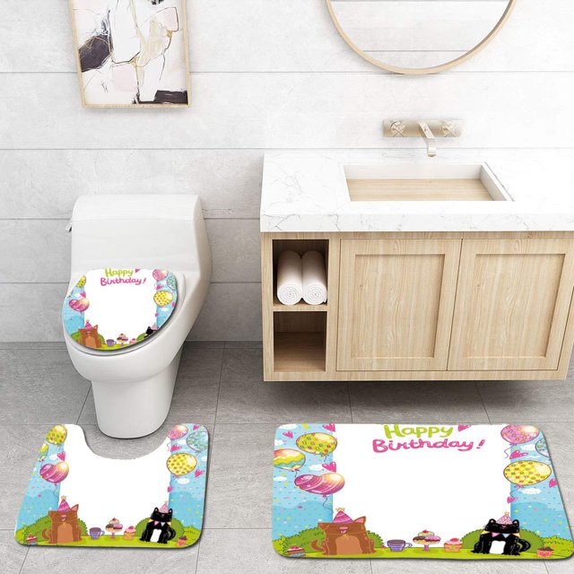 ABPHQTO Cumpleaños Fiesta infantil Gatos negros y marrones Tartas Globos Corazón Lunares Juego de alfombras de baño de 3 piezas Alfombra de baño Alfombra de contorno y tapa de inodoro