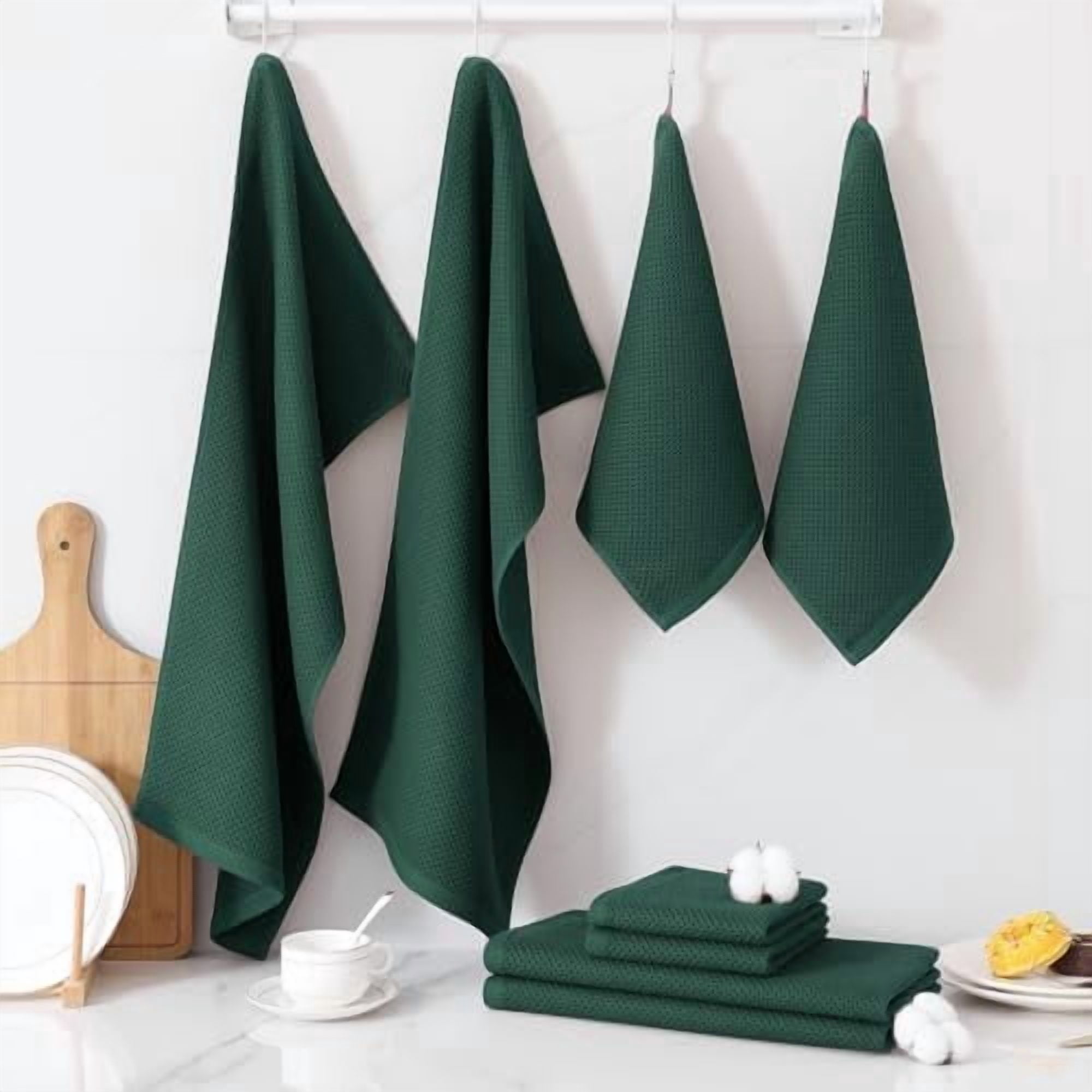 100% Cotton Kitchen Towels and Dishcloths Set, 12 x 12 Inches and 13 x 28 Inches, Set of 12 Bulk Kitchen Towels Set, Ultra Soft Absorbent Dish Cloths for Washing Dishes, Blackish Green
