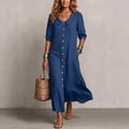 thumbnail image 4 of Ayolanni Fall Dresses V Neck Babydoll 3/4 Sleeve A-Line Maxi Dresses Beach Button Down Solid Hawaii Long Dress with Pockets Blue XXXL, 4 of 7