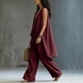 thumbnail image 4 of Two Piece Sets for Women Cotton Linen Vacation Travel Outfits Solid Color Sleeveless Stand Up Collar Temperament Topss and Loose Pants Set Summer Casual Fashion Outfits, 4 of 7
