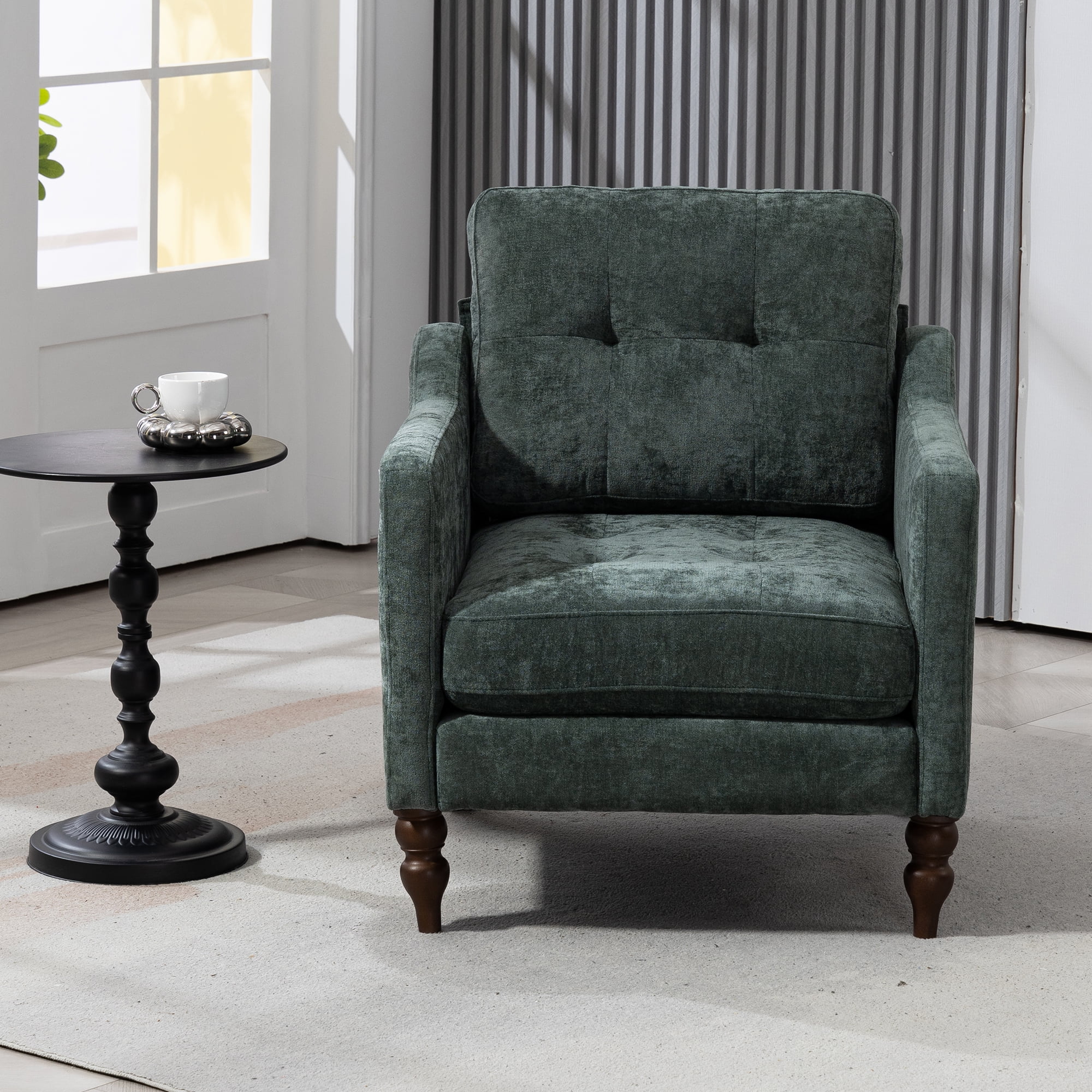 Comfortable armchair with USB charging port, ergonomic wide backrest, vintage wooden legs, comfortable upholstered armchair with side storage for living room bedroom