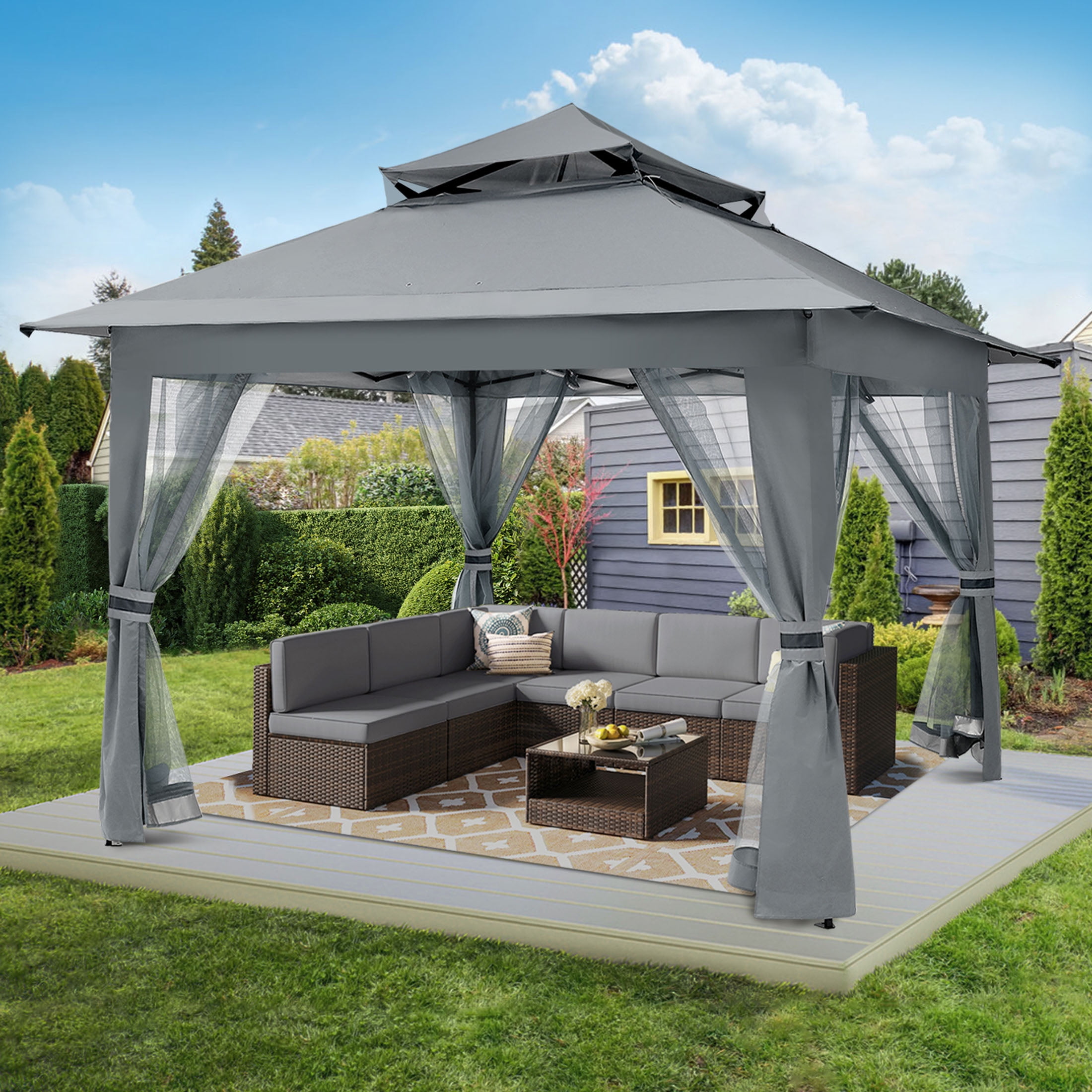 MASTERCANOPY 13 x 13ft Pop-up Gazebo Outdoor Canopy Tent with Mesh Walls, Dark Gray