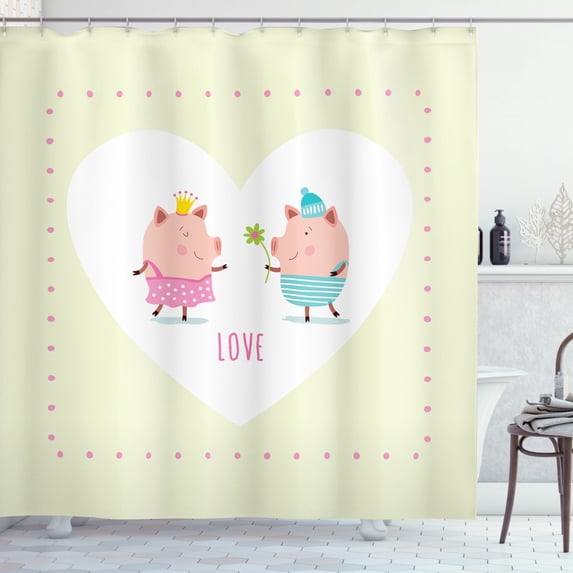 Pig Shower Curtain, Cute Cartoon Animals Illustration of Boy Handing Flower to Girl in Love Heart Frame, Fabric Bathroom Set with Hooks, 69"WX70"L, Multicolor, by Ambesonne