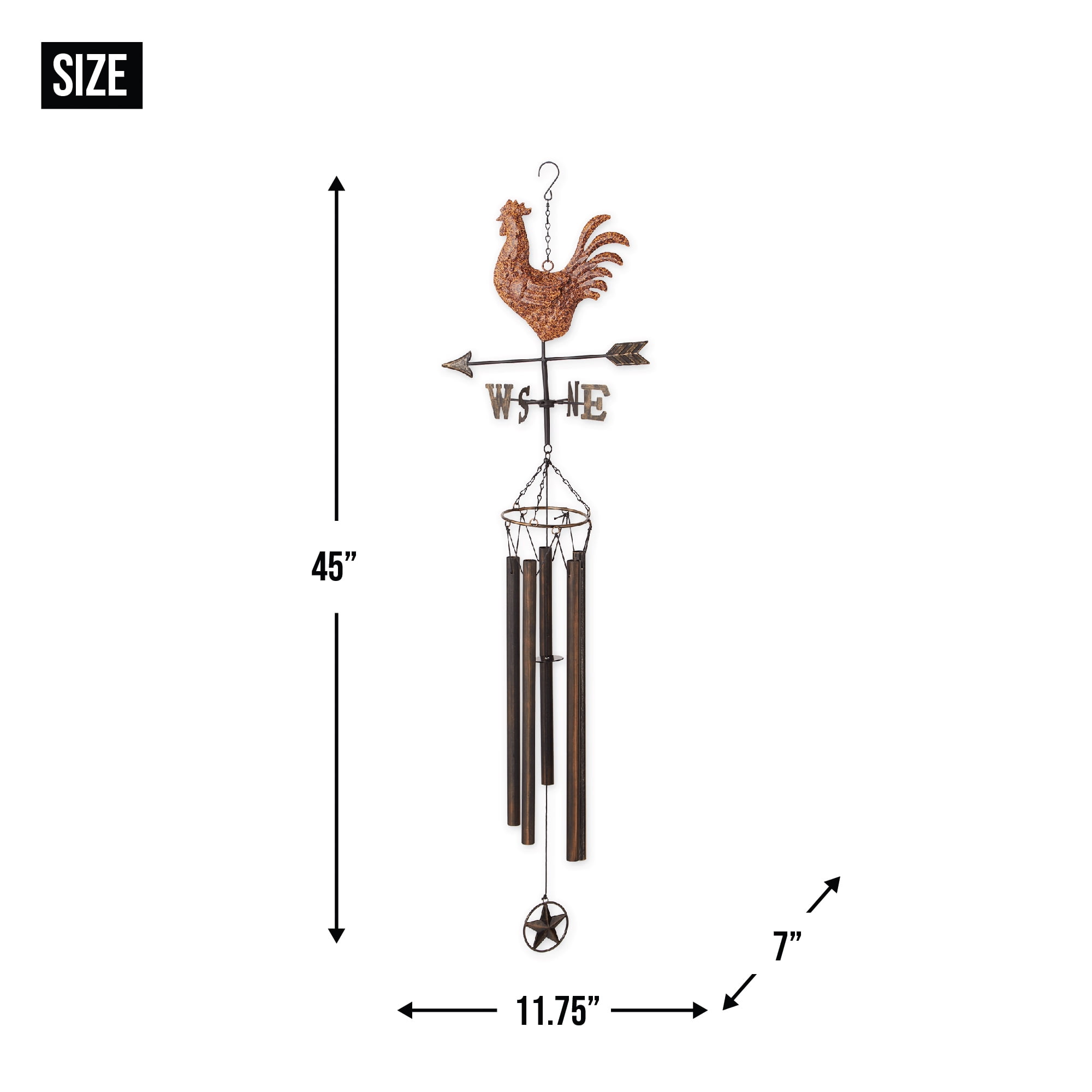 Zingz Home Iron Weathervane Wind Chime - 45x11.75x7 - Copper Rooster