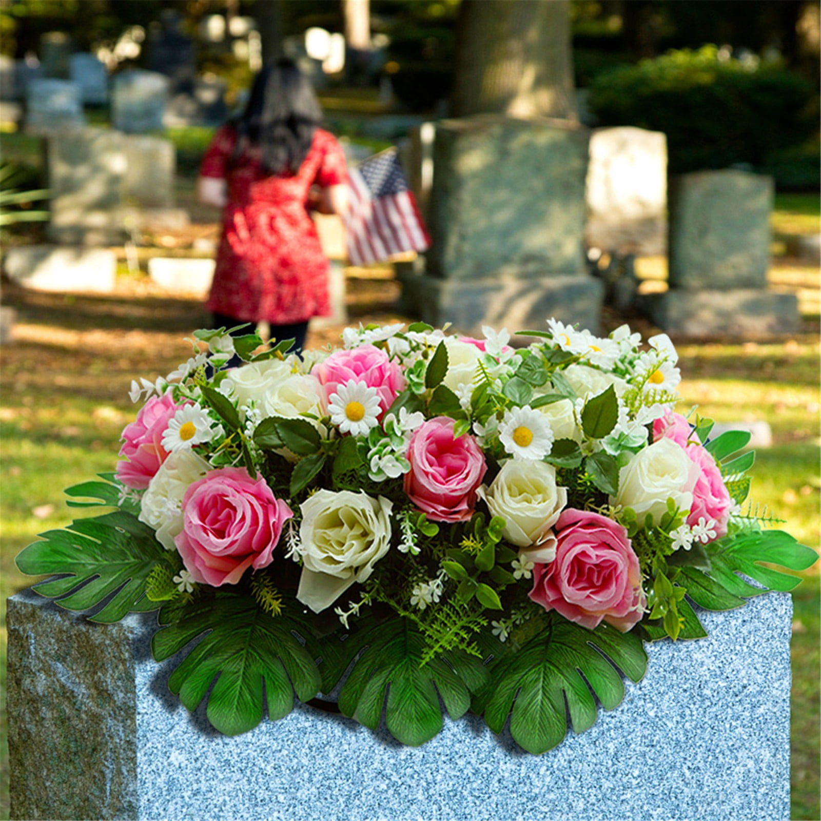 Headstone Flower Saddle, Cemetery Flower Saddle, Artificial Carnation Memorial Arrangement, UV Resistant Grave Saddle Decor, Memorial Day & Sympathy Cemetery Flowers, 23.6*10.6 inch