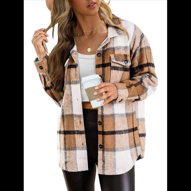 Ropa de Mujer para y Otoño, Elegante, de Larga, con Solapa, Holgada, A Cuadros, Chaqueta y Camisa de Franela con Botones. Albaricoque M