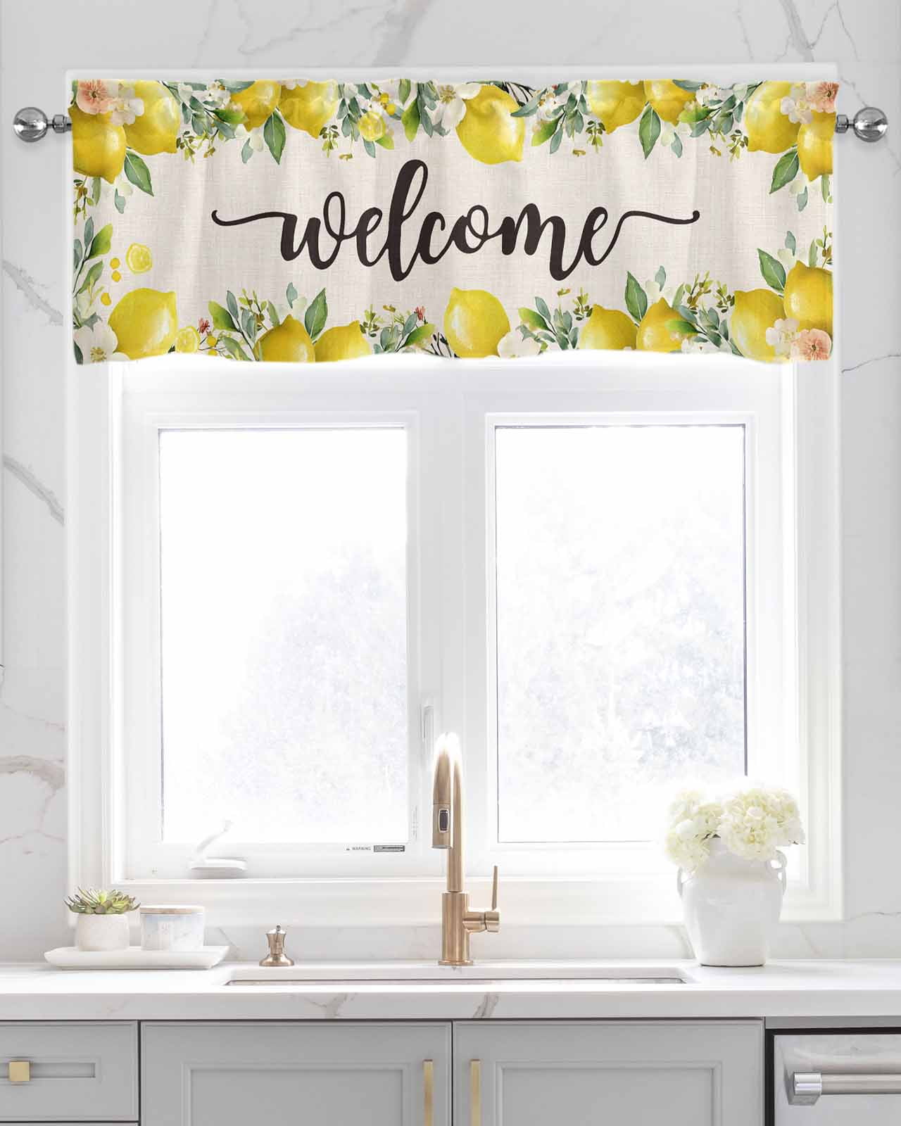 Lemon Farmhouse Kitchen Valances for Windows Farmhouse Linen Window Valance Curtain for Living Room Window Treatment Summer Fruit Botanical Beige Burlap Valance Rod Pocket Topper Drape, 54 x 18 Inch