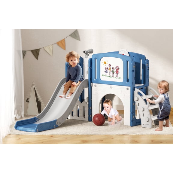 YUFU 8 in 1 Kids Slide Set with Climber for Indoor Outdoor for Age 1 , Blue＆Gray
