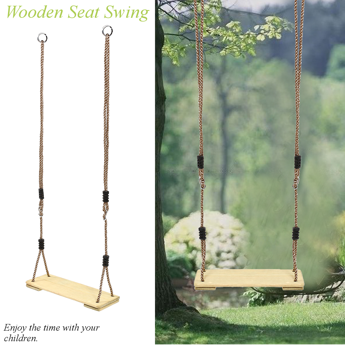 Garden Games Tree Swing Traditional Wooden Seat and Weatherproof PE