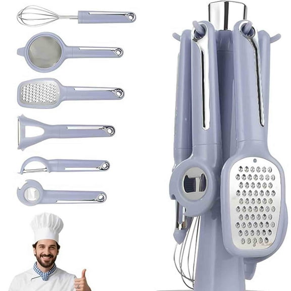7-Piece Kitchen Utensil Set with Storage Rack | Stainless Steel Grater, Egg Whisk, Bottle Opener & Strainer | Multifunctional Cooking Tools for Easy Food Prep