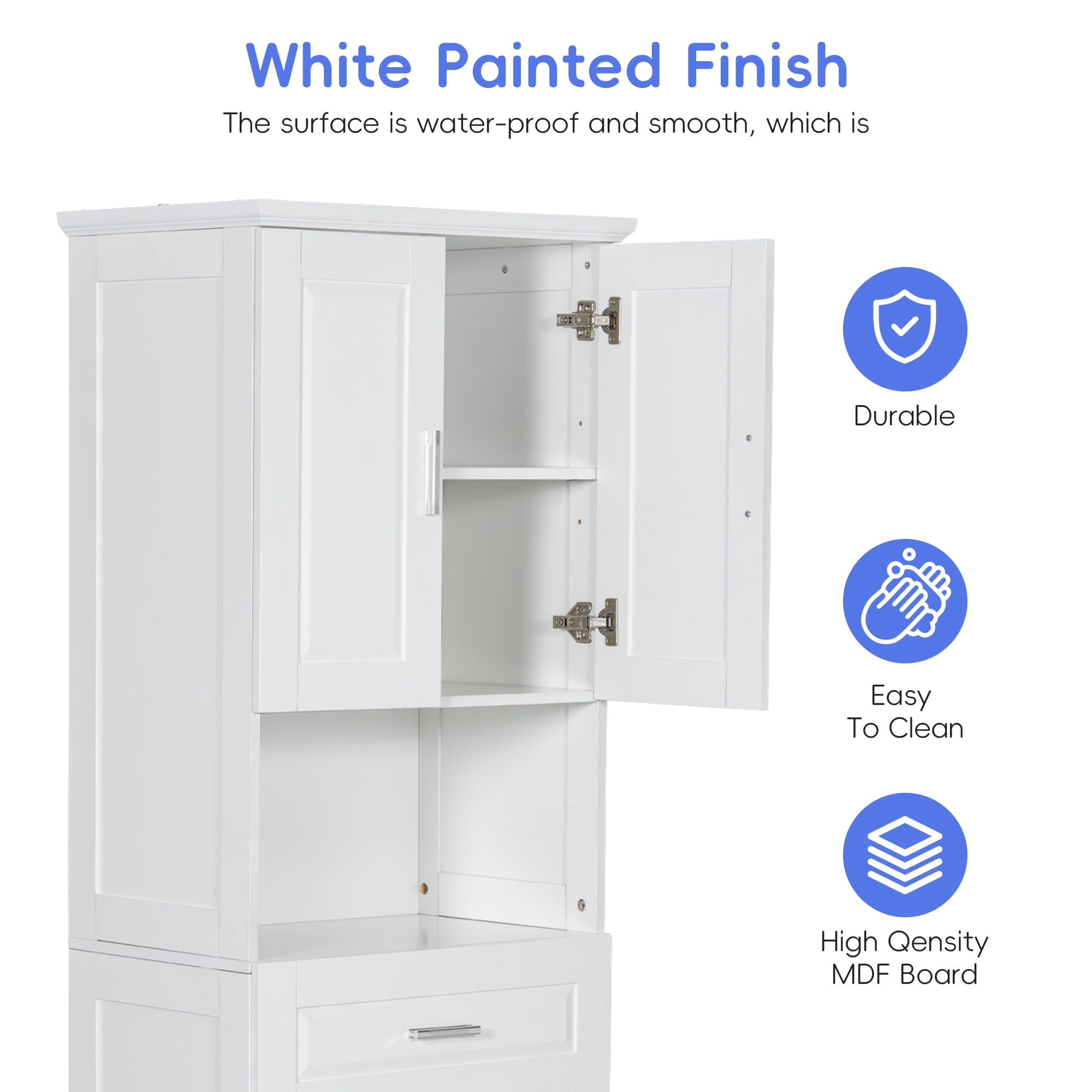 Leumius 70" Tall Bathroom Storage Cabinet with Drawer & Laundry Basket，Modern Freestanding Tilt-Out Laundry Hamper and Upper Storage Cabinet,White