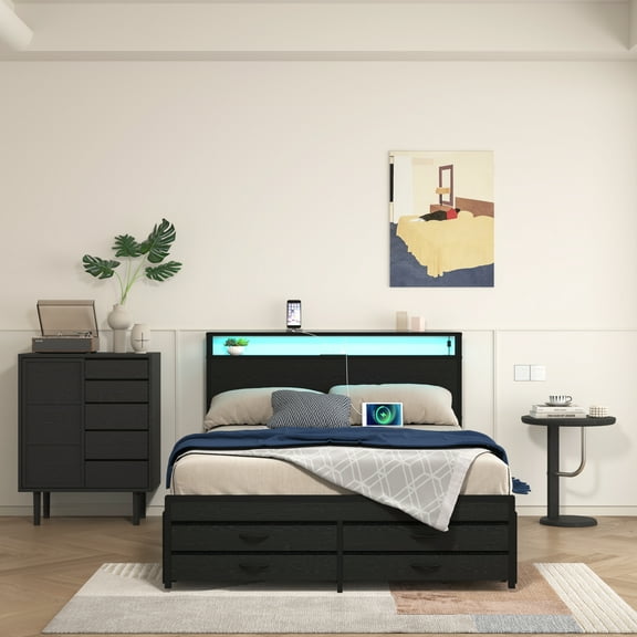 Full Size Bed Frame with 8 Storage Drawers, LED Headboard with Charging Station, Metal Platform Bed Frame, No Box Spring Needed, Noise-Free, Stable and Solid, Black