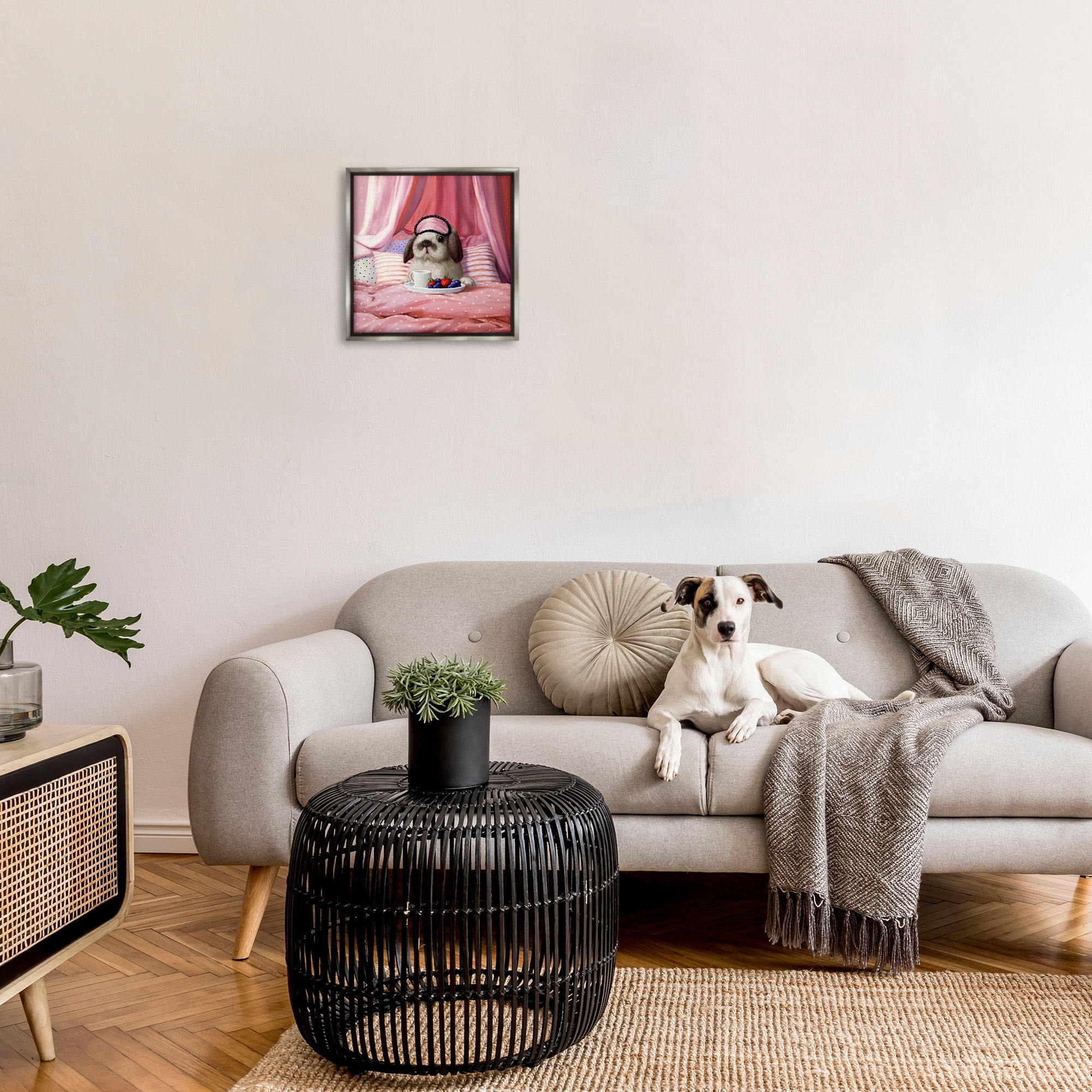 Stupell Industries Bunny with Breakfast In Bed Animals & Insects Painting Gray Floater Framed Canvas Art Print Wall Art, 18 x 18