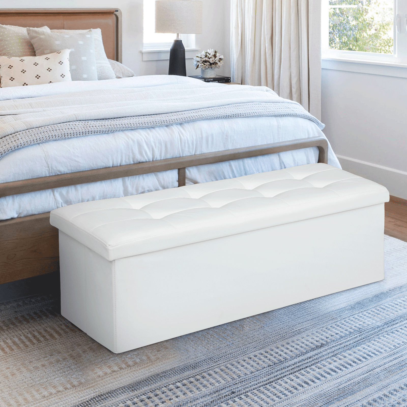 MoNiBloom 43" Collapsible Ottoman with Storage, PU Leather Storage Ottoman Bench, Modern Storage Footstool for Living Room Bedroom Entryway, White