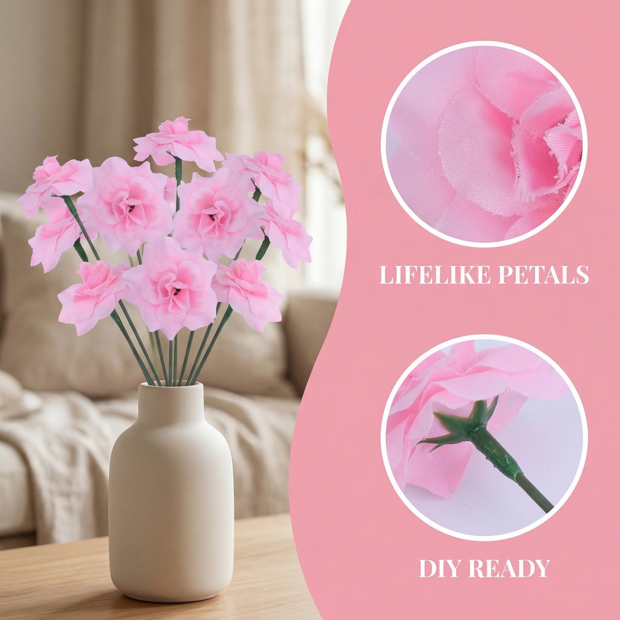 Unique Bargains Artificial Roses Silk Detachable Heads Flowers for Decor Pink 5.9 in
