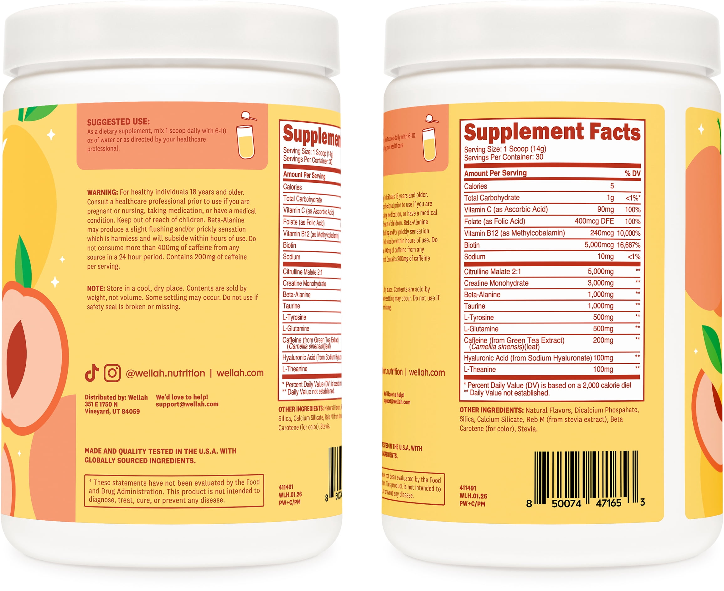 Wellah Pre-Workout + Creatine Powder (30 Servings) Peach Mango - 200mg Caffeine, 3g Creatine Monohydrate, 5g Citrulline Malate, Pre-Workout with Creatine Supplement