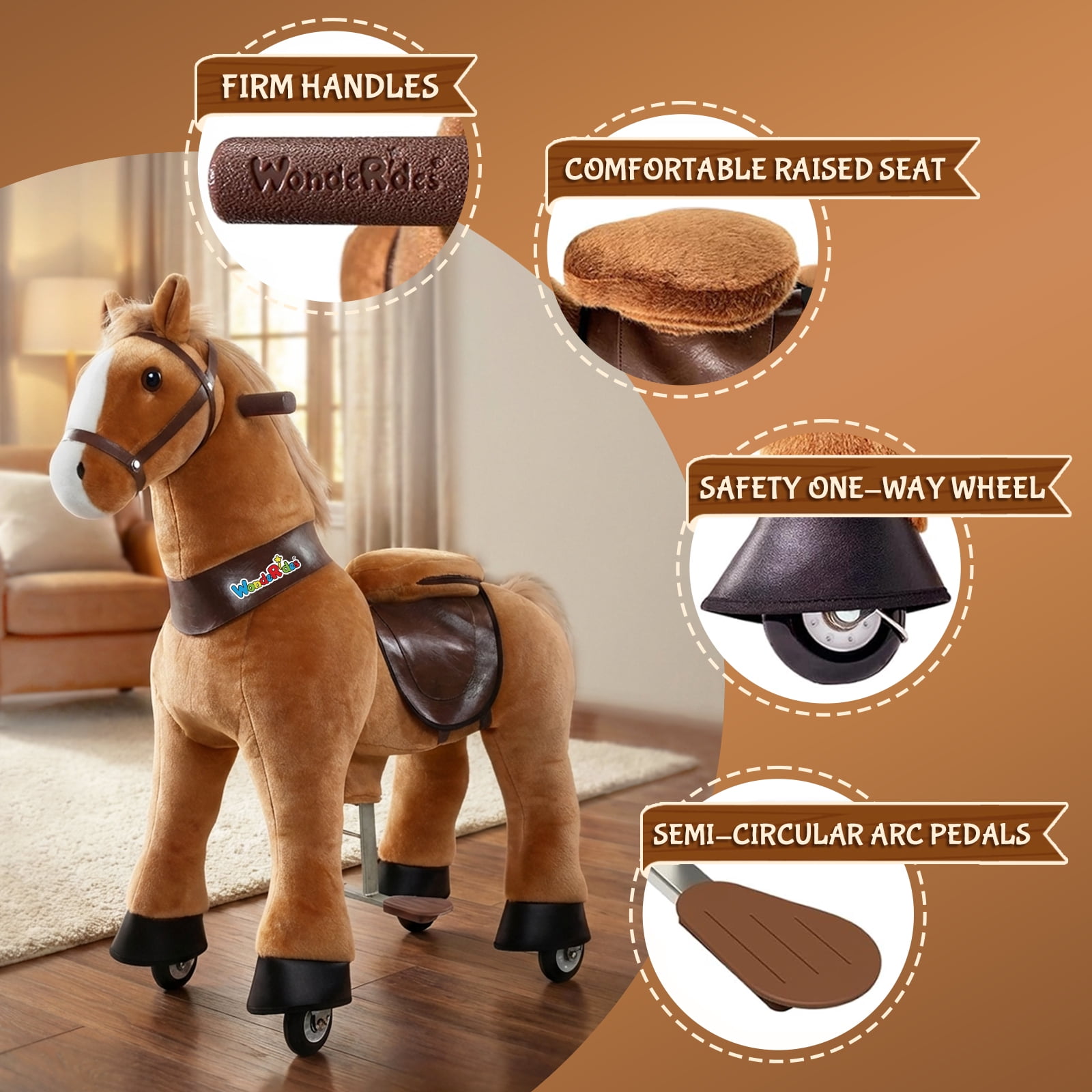 WondeRides Ride on Rocking Horse Toy Plush Walking Animal Pony Mechanical Horse Toy with Wheels Medium Size 4 for Age 4-9