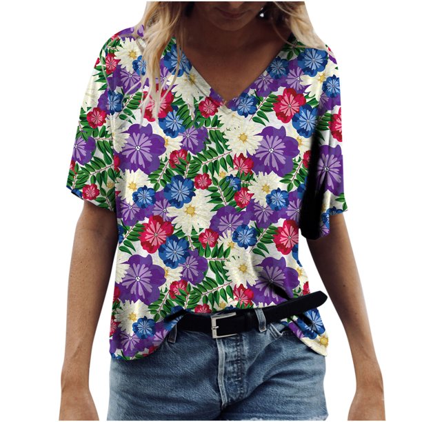 Camiseta informal para mujer con estampado floral y cuello en V, manga corta, jersey, blusa, tops Fridja bn6023