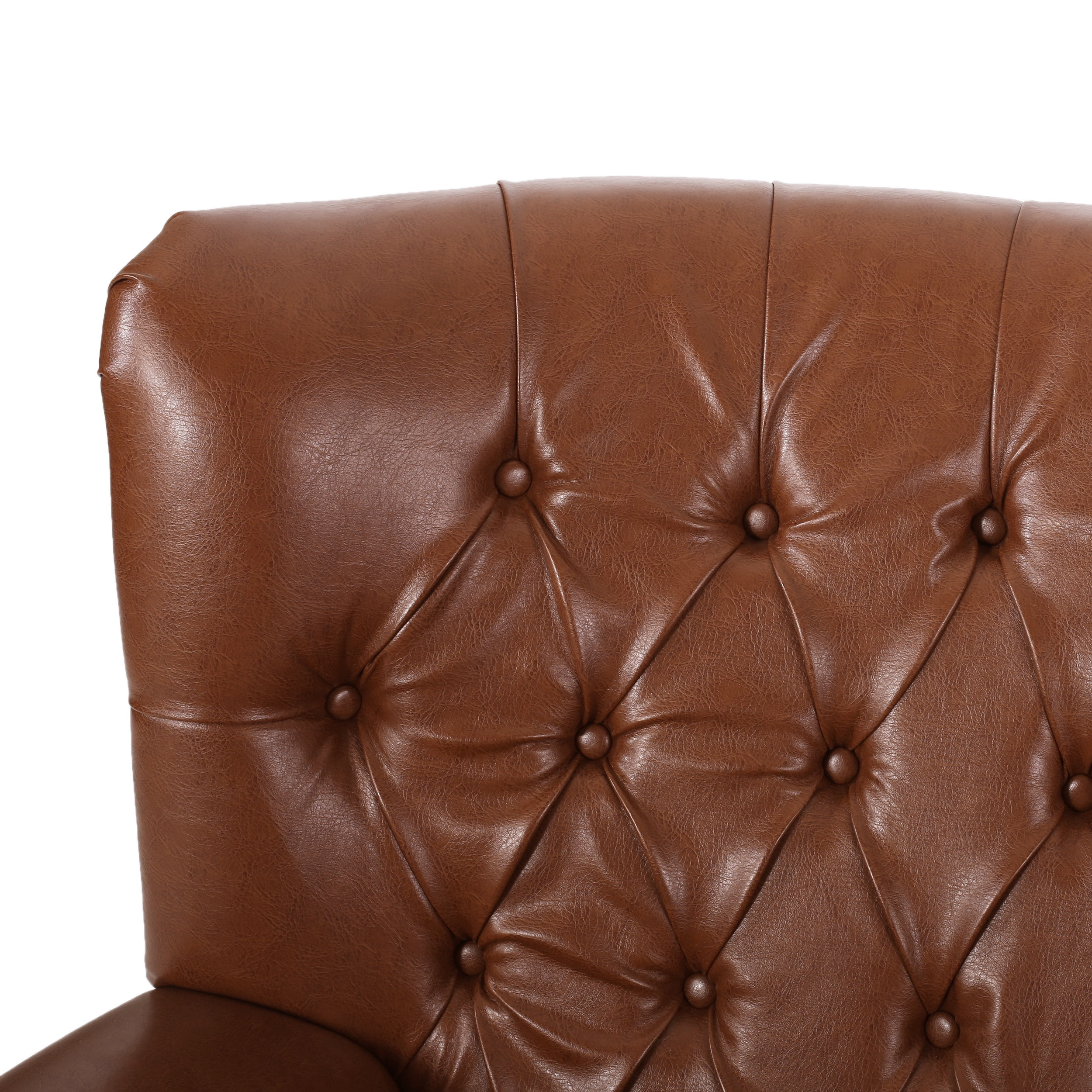 Noble House Waldron Faux Leather Tufted Recliner with Nailhead Trim, Cognac Brown Faux Leather and Espresso