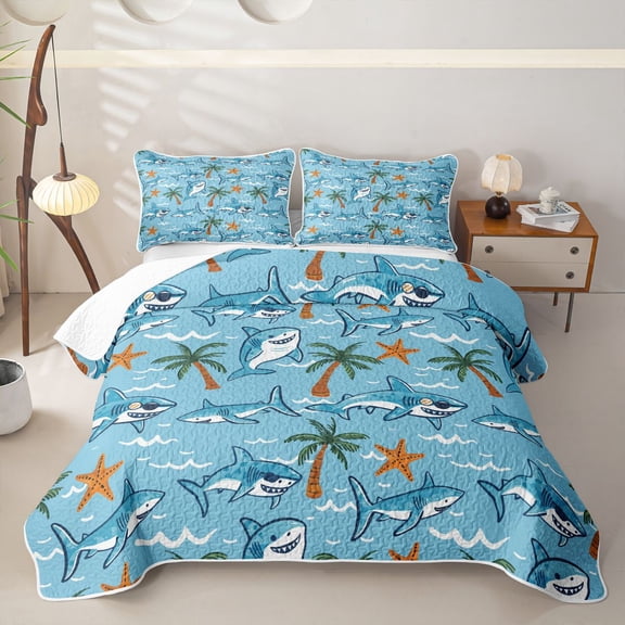 meiyoeat Beach Vacation Shark Starfish Twin Quilt Set for Boys Girls, Summer Palm Tree Twin Coverlet Set, Blue, 2pcs