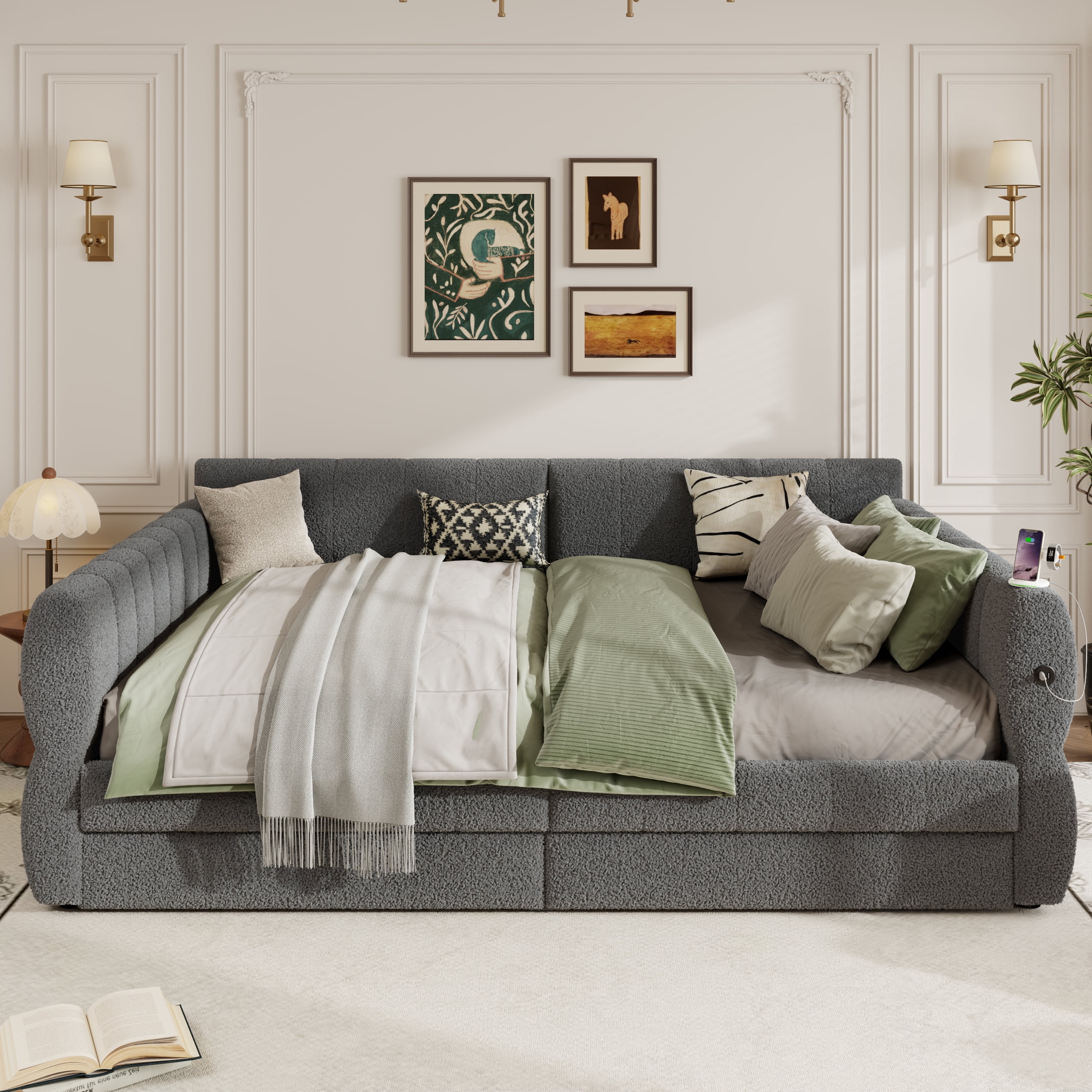 Euroco Upholstered King Size Platform Bed with Drawers and USB Ports, Gray